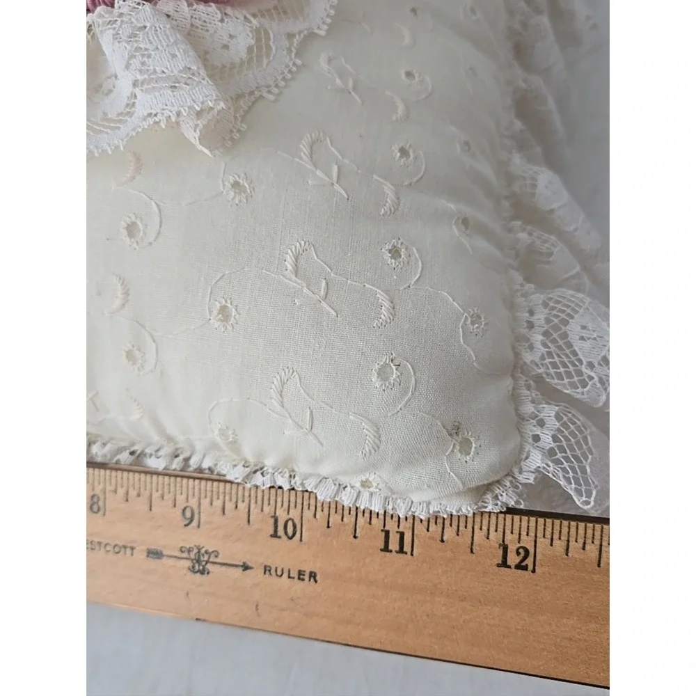 Vintage Eyelet Lace Throw Pillow Ivory Friends Handmade Pink Bows Embroidered